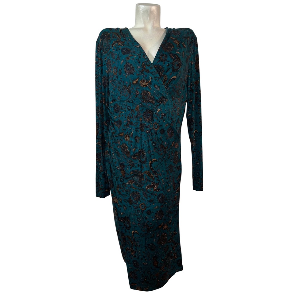 Peruvian Connection Teal Floral Paisley Surplice Wrap Midi Bellefleur Dress XL